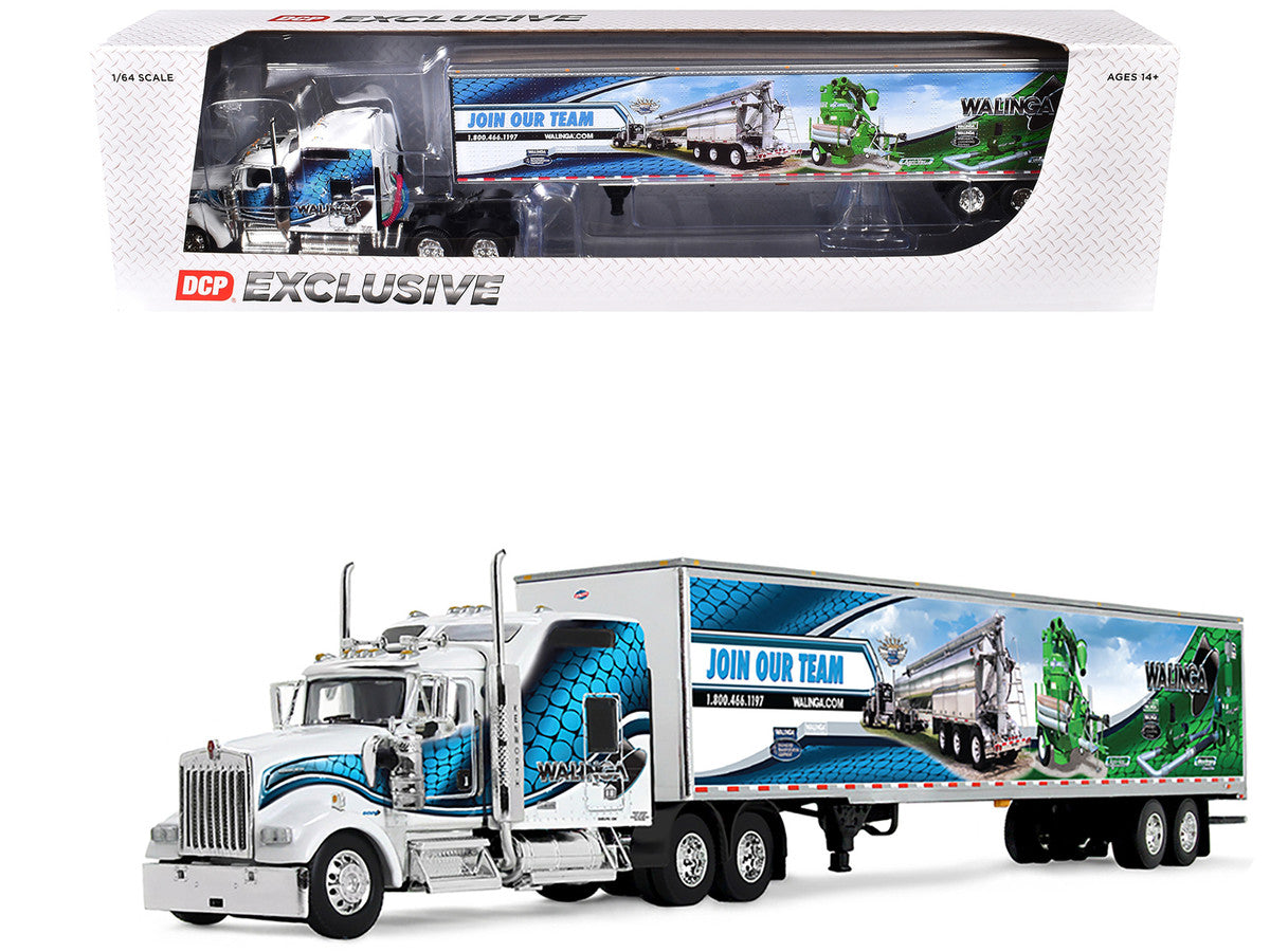 Kenworth W900L with 86" Studio Sleeper and 53' Utility Trailer with Skirts "Walinga" White with Blue Graphics 1/64 Diecast Model by DCP/First Gear by First Gear