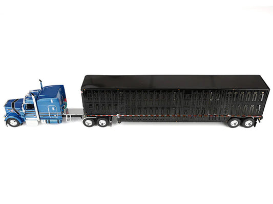 Peterbilt 589 with 72" Mid-Roof Sleeper and Wilson Silverstar Livestock Trailer Bright Blue with Black Stripes and Trailer 1/64 Diecast Model by DCP/First Gear by First Gear