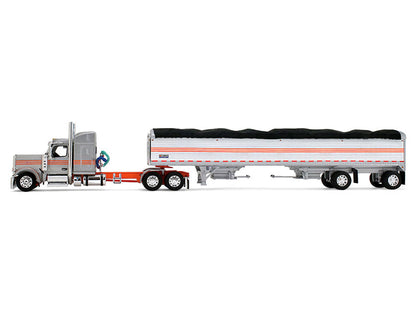 Peterbilt 589 with 58" Mid-Roof Sleeper and 50' Wilson Pacesetter Grain Trailer Silver Metallic with Orange Stripes 1/64 Diecast Model by DCP/First Gear by First Gear