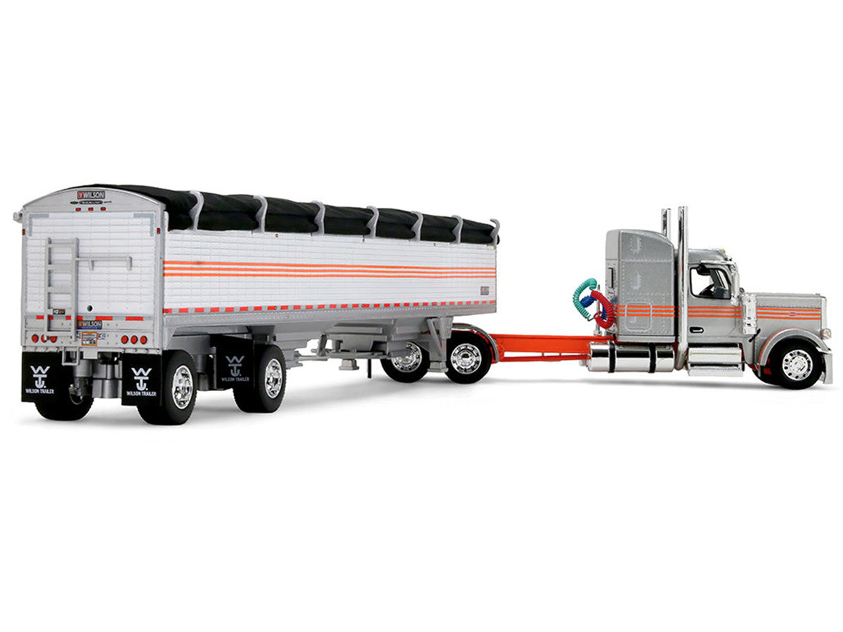 Peterbilt 589 with 58" Mid-Roof Sleeper and 50' Wilson Pacesetter Grain Trailer Silver Metallic with Orange Stripes 1/64 Diecast Model by DCP/First Gear by First Gear