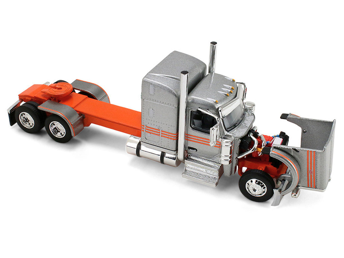 Peterbilt 589 with 58" Mid-Roof Sleeper and 50' Wilson Pacesetter Grain Trailer Silver Metallic with Orange Stripes 1/64 Diecast Model by DCP/First Gear by First Gear