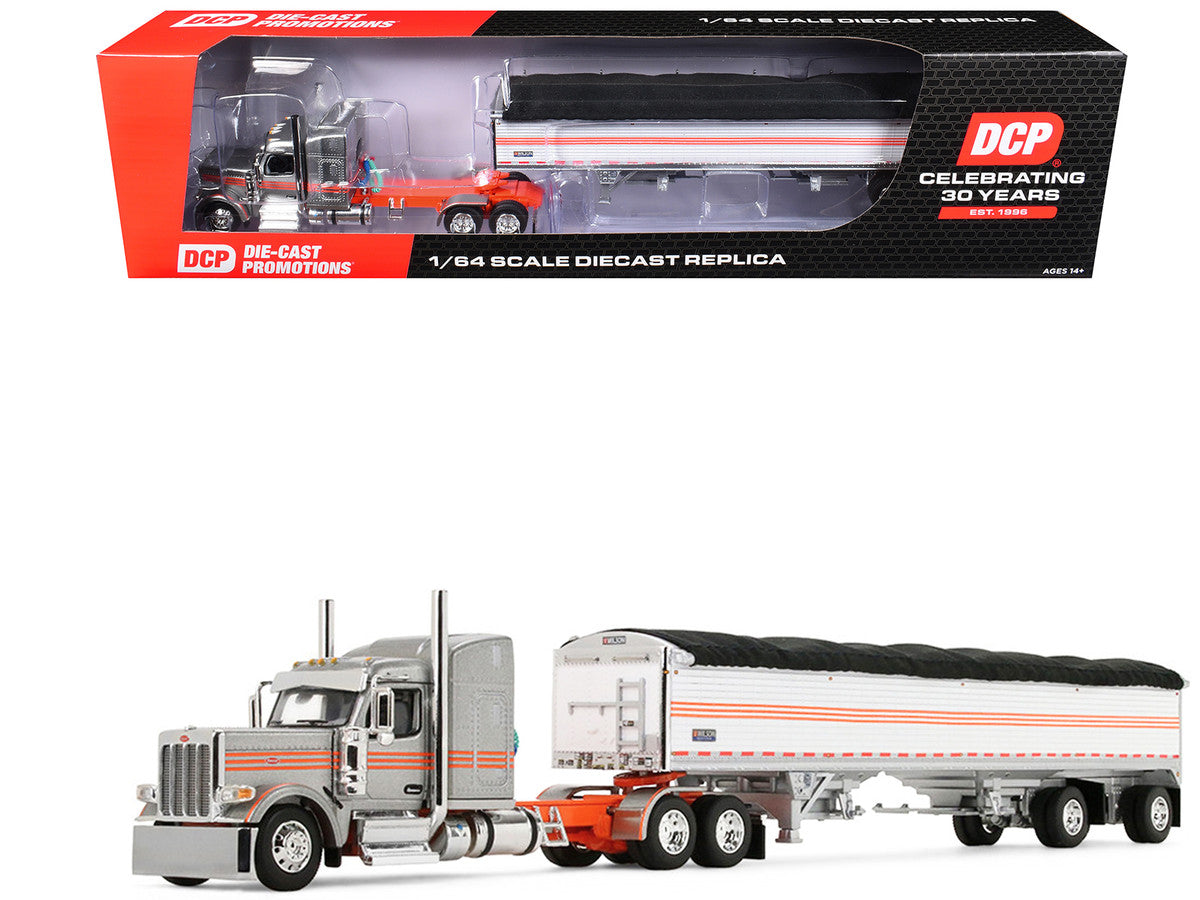 Peterbilt 589 with 58" Mid-Roof Sleeper and 50' Wilson Pacesetter Grain Trailer Silver Metallic with Orange Stripes 1/64 Diecast Model by DCP/First Gear by First Gear