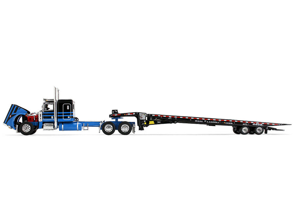Peterbilt 389 with 48" Flat Top Sleeper and Landoll 440B-50CA Traveling Axle Trailer Black with Blue Stripes 1/64 Diecast Model by DCP/First Gear by First Gear
