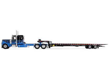 Peterbilt 389 with 48" Flat Top Sleeper and Landoll 440B-50CA Traveling Axle Trailer Black with Blue Stripes 1/64 Diecast Model by DCP/First Gear by First Gear