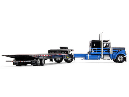 Peterbilt 389 with 48" Flat Top Sleeper and Landoll 440B-50CA Traveling Axle Trailer Black with Blue Stripes 1/64 Diecast Model by DCP/First Gear by First Gear