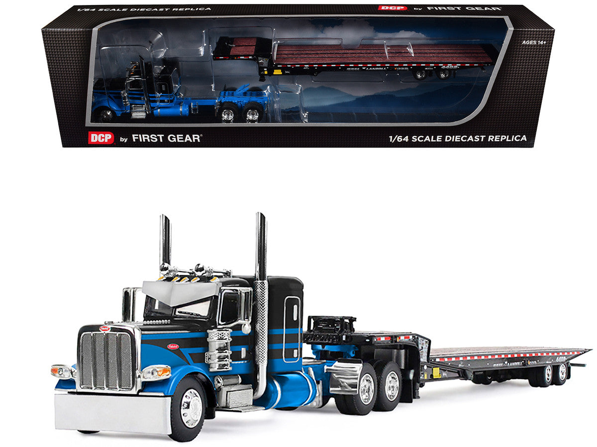 Peterbilt 389 with 48" Flat Top Sleeper and Landoll 440B-50CA Traveling Axle Trailer Black with Blue Stripes 1/64 Diecast Model by DCP/First Gear by First Gear
