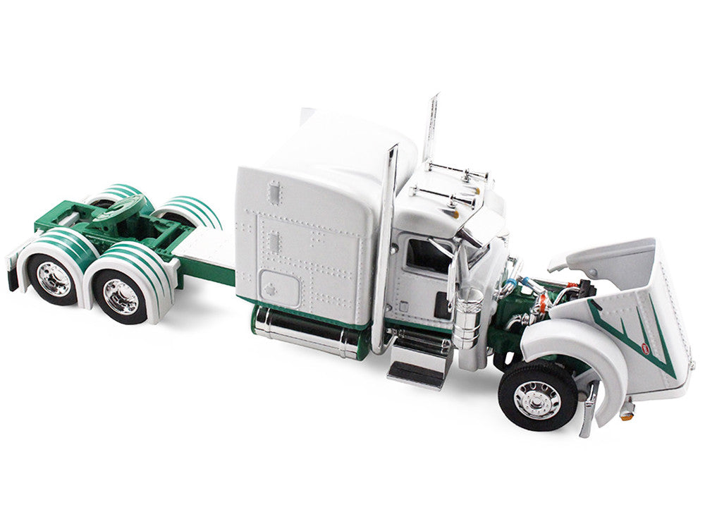Peterbilt 389 with 63" Mid-Roof Sleeper and 53' Utility Trailer White with Green Stripes 1/64 Diecast Model by DCP/First Gear by First Gear