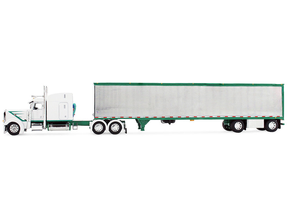 Peterbilt 389 with 63" Mid-Roof Sleeper and 53' Utility Trailer White with Green Stripes 1/64 Diecast Model by DCP/First Gear by First Gear
