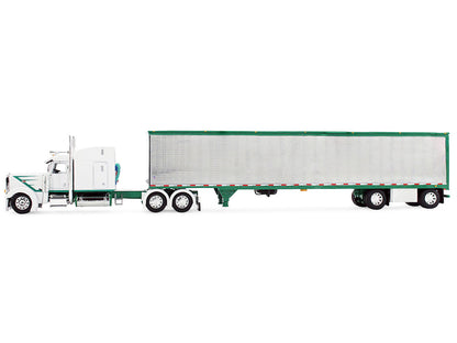 Peterbilt 389 with 63" Mid-Roof Sleeper and 53' Utility Trailer White with Green Stripes 1/64 Diecast Model by DCP/First Gear by First Gear