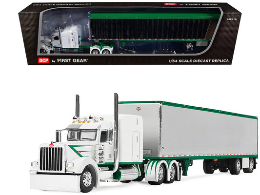 Peterbilt 389 with 63" Mid-Roof Sleeper and 53' Utility Trailer White with Green Stripes 1/64 Diecast Model by DCP/First Gear by First Gear