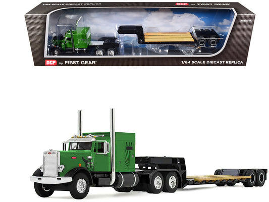 Peterbilt 351 with 60" Vintage Sleeper and Rogers Vintage Lowboy Trailer Green with Black Trailer 1/64 Diecast Model by DCP/First Gear by First Gear