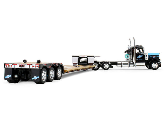 Peterbilt 589 Day Cab and Fontaine Renegade LXT40 Lowboy Trailer with Fliptail "Cappello Heavy Transport" Black with Light Blue Hood 1/64 Diecast Model by DCP/First Gear by First Gear