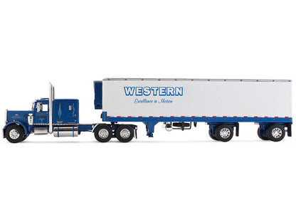 Peterbilt 351 with 63" Flat Top Sleeper and 40' Vintage Trailer with Reefer "Western Distributing" Blue Metallic and White 1/64 Diecast Model by DCP/First Gear by First Gear