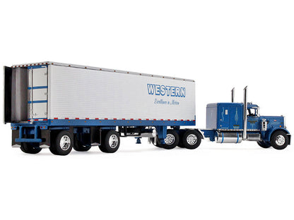 Peterbilt 351 with 63" Flat Top Sleeper and 40' Vintage Trailer with Reefer "Western Distributing" Blue Metallic and White 1/64 Diecast Model by DCP/First Gear by First Gear