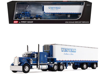 Peterbilt 351 with 63" Flat Top Sleeper and 40' Vintage Trailer with Reefer "Western Distributing" Blue Metallic and White 1/64 Diecast Model by DCP/First Gear by First Gear