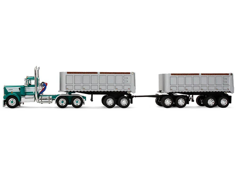 Kenworth W900A Day Cab with 22' Dual End Dump Trailers Turquoise with White Stripes 1/64 Diecast Model by DCP/First Gear by First Gear