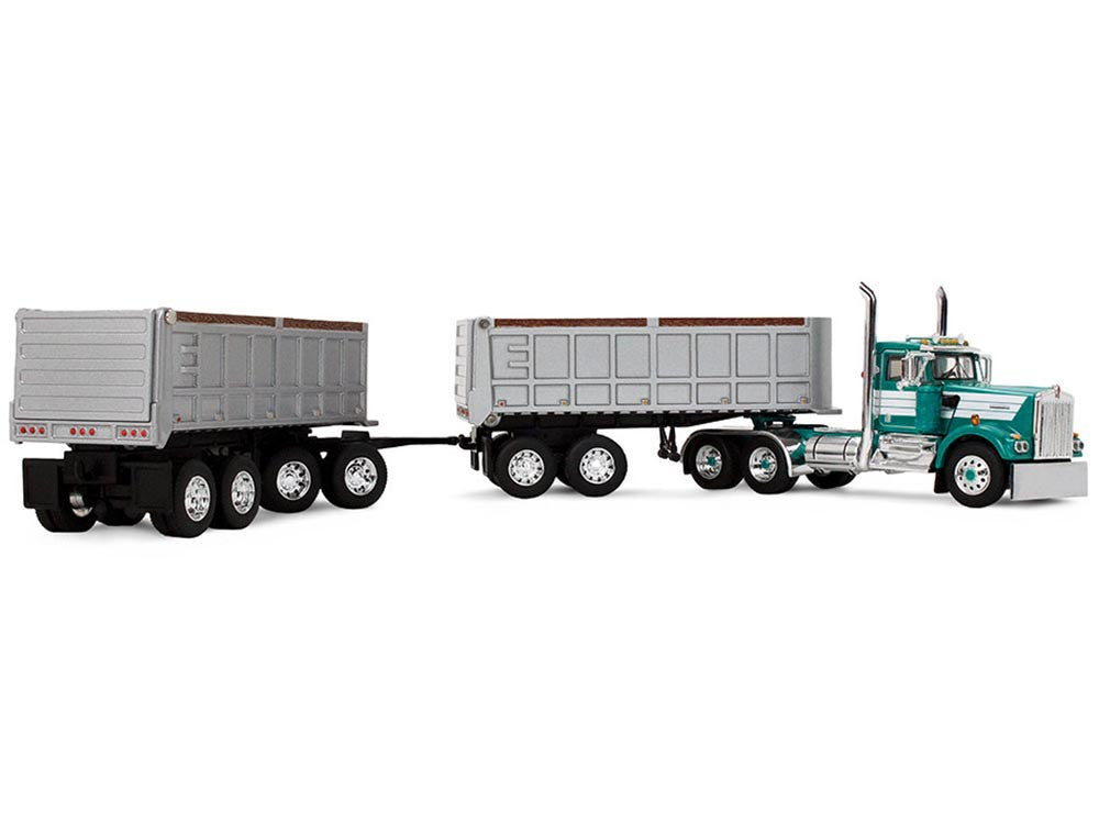 Kenworth W900A Day Cab with 22' Dual End Dump Trailers Turquoise with White Stripes 1/64 Diecast Model by DCP/First Gear by First Gear