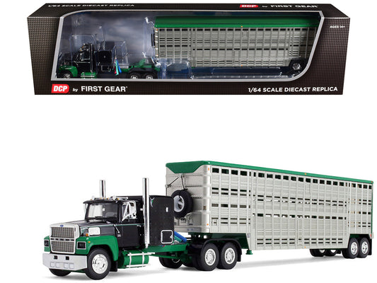 Ford LTL 9000 with 60" Flat Top Sleeper and 45' Wilson Vintage Livestock Trailer Black and Green 1/64 Diecast Model by DCP/First Gear by First Gear