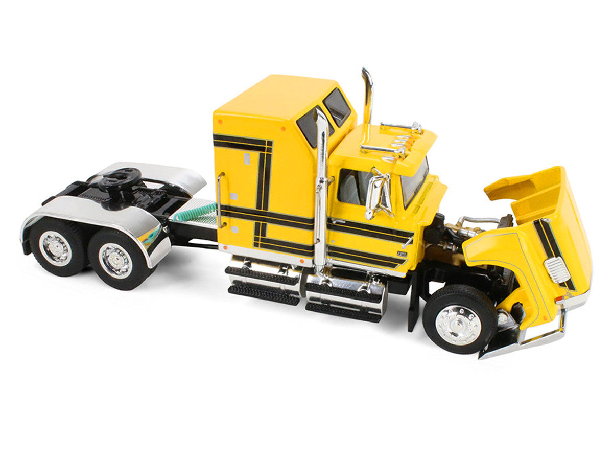 Ford LTL 9000 with 60" Aerodyne Sleeper and 53' Wilson Roadbrute Flatbed Trailer with Covered Wagon Yellow with Black Stripes 1/64 Diecast Model by DCP/First Gear by First Gear