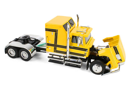 Ford LTL 9000 with 60" Aerodyne Sleeper and 53' Wilson Roadbrute Flatbed Trailer with Covered Wagon Yellow with Black Stripes 1/64 Diecast Model by DCP/First Gear by First Gear