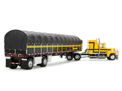 Ford LTL 9000 with 60" Aerodyne Sleeper and 53' Wilson Roadbrute Flatbed Trailer with Covered Wagon Yellow with Black Stripes 1/64 Diecast Model by DCP/First Gear by First Gear