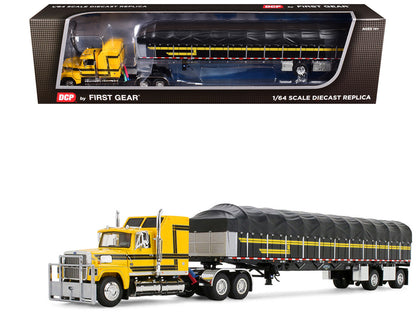 Ford LTL 9000 with 60" Aerodyne Sleeper and 53' Wilson Roadbrute Flatbed Trailer with Covered Wagon Yellow with Black Stripes 1/64 Diecast Model by DCP/First Gear by First Gear