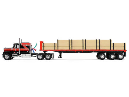 GMC General with 60" Flat Top Sleeper & 48' Utility Flatbed Trailer with Lumber Load Black with Red Stripes 1/64 Diecast Model by First Gear-2