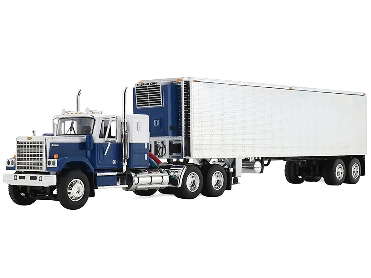 Chevrolet Bison with 34" Flat Top Sleeper & 40' Vintage Trailer with Reefer Blue and White 1/64 Diecast Model by DCP/First Gear by First Gear