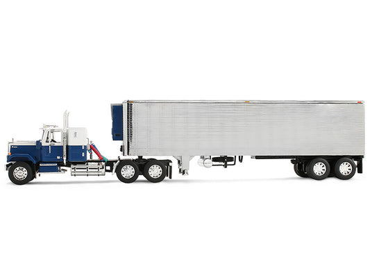 Chevrolet Bison with 34" Flat Top Sleeper & 40' Vintage Trailer with Reefer Blue and White 1/64 Diecast Model by DCP/First Gear by First Gear