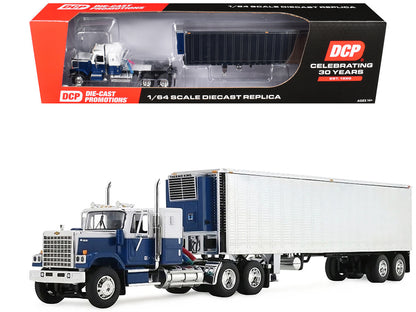 Chevrolet Bison with 34" Flat Top Sleeper & 40' Vintage Trailer with Reefer Blue and White 1/64 Diecast Model by DCP/First Gear by First Gear