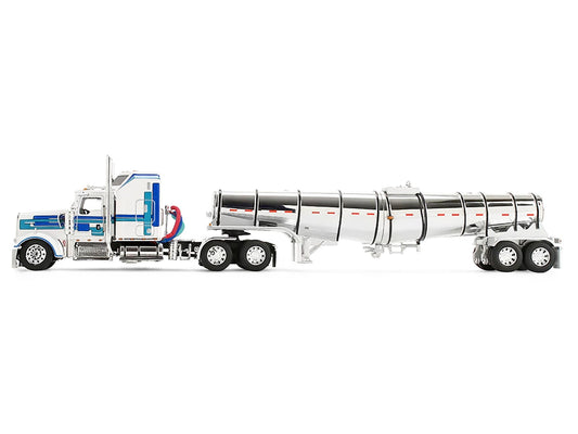 Kenworth W900L with 60" Aerodyne Sleeper and Polar Deep Drop Trailer White with Blue and Green Stripes 1/64 Diecast Model by DCP/First Gear by First Gear