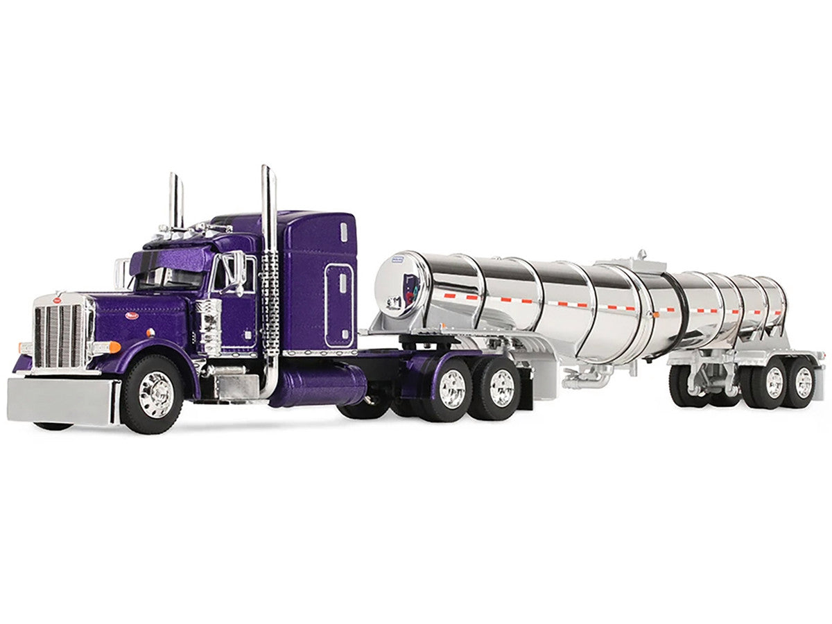 Peterbilt 379 with 63" Mid-Roof Sleeper and Polar Deep Drop Trailer Wild Orchid Purple with Black Stripes 1/64 Diecast Model by DCP/First Gear by First Gear