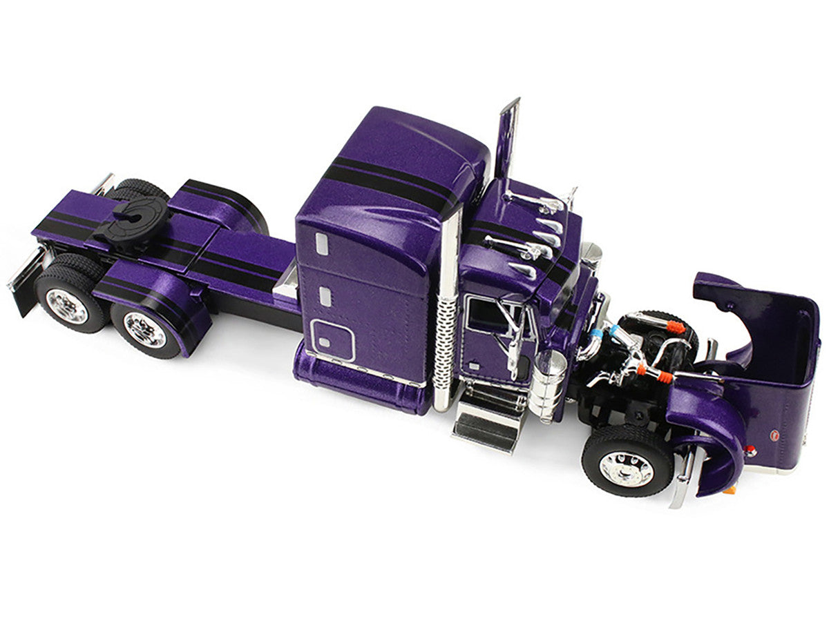 Peterbilt 379 with 63" Mid-Roof Sleeper and Polar Deep Drop Trailer Wild Orchid Purple with Black Stripes 1/64 Diecast Model by DCP/First Gear by First Gear