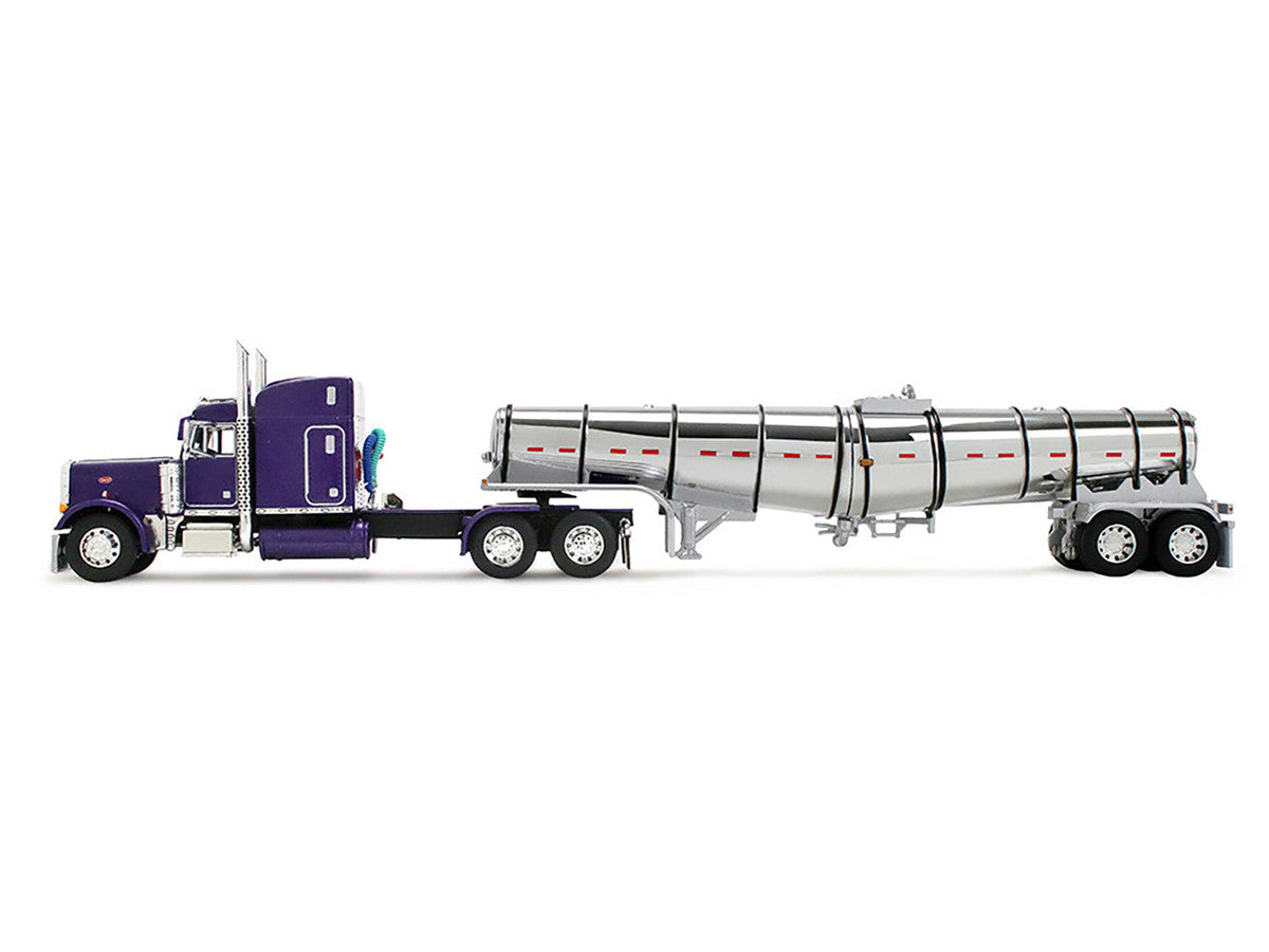 Peterbilt 379 with 63" Mid-Roof Sleeper and Polar Deep Drop Trailer Wild Orchid Purple with Black Stripes 1/64 Diecast Model by DCP/First Gear by First Gear