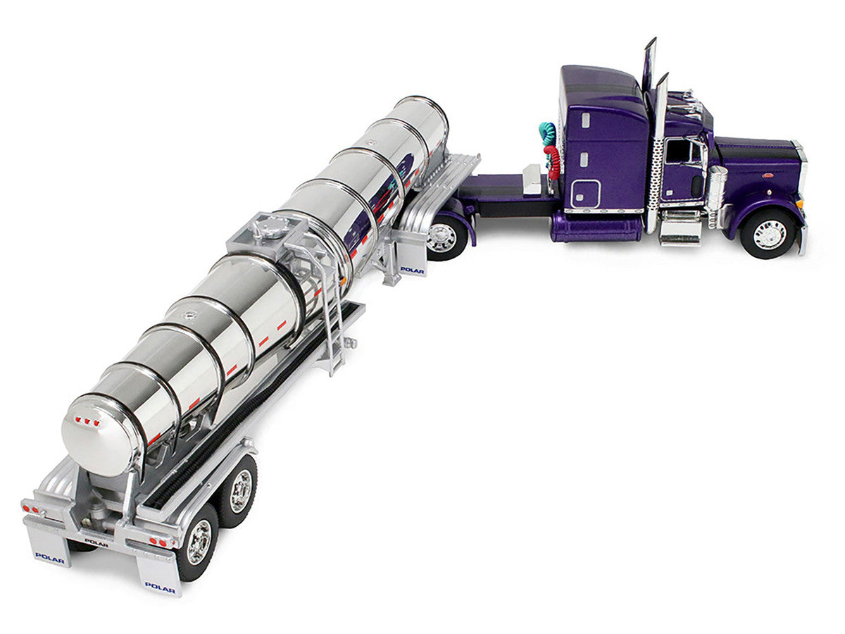 Peterbilt 379 with 63" Mid-Roof Sleeper and Polar Deep Drop Trailer Wild Orchid Purple with Black Stripes 1/64 Diecast Model by DCP/First Gear by First Gear