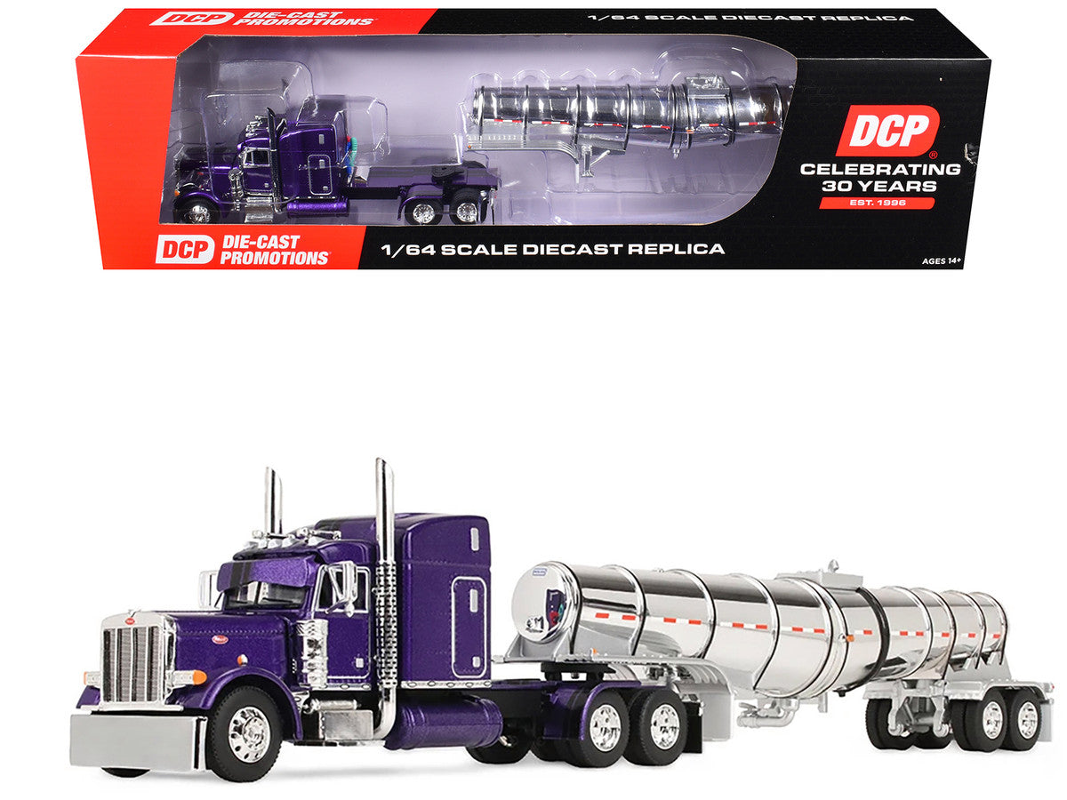 Peterbilt 379 with 63" Mid-Roof Sleeper and Polar Deep Drop Trailer Wild Orchid Purple with Black Stripes 1/64 Diecast Model by DCP/First Gear by First Gear