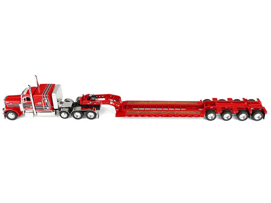 Peterbilt 379 with 63" Flat Top Sleeper and Fontaine Magnitude Lowboy Trailer with Fliptail "Anty Trucking & Rigging" Red with Black Stripes 1/64 Diecast Model by DCP/First Gear by First Gear