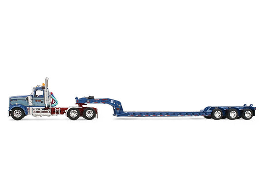 Kenworth W900L Day Cab and Fontaine Magnitude Lowboy Trailer "Sid Kamp" Blue and Light Blue Two-Tone 1/64 Diecast Model by DCP/First Gear by First Gear