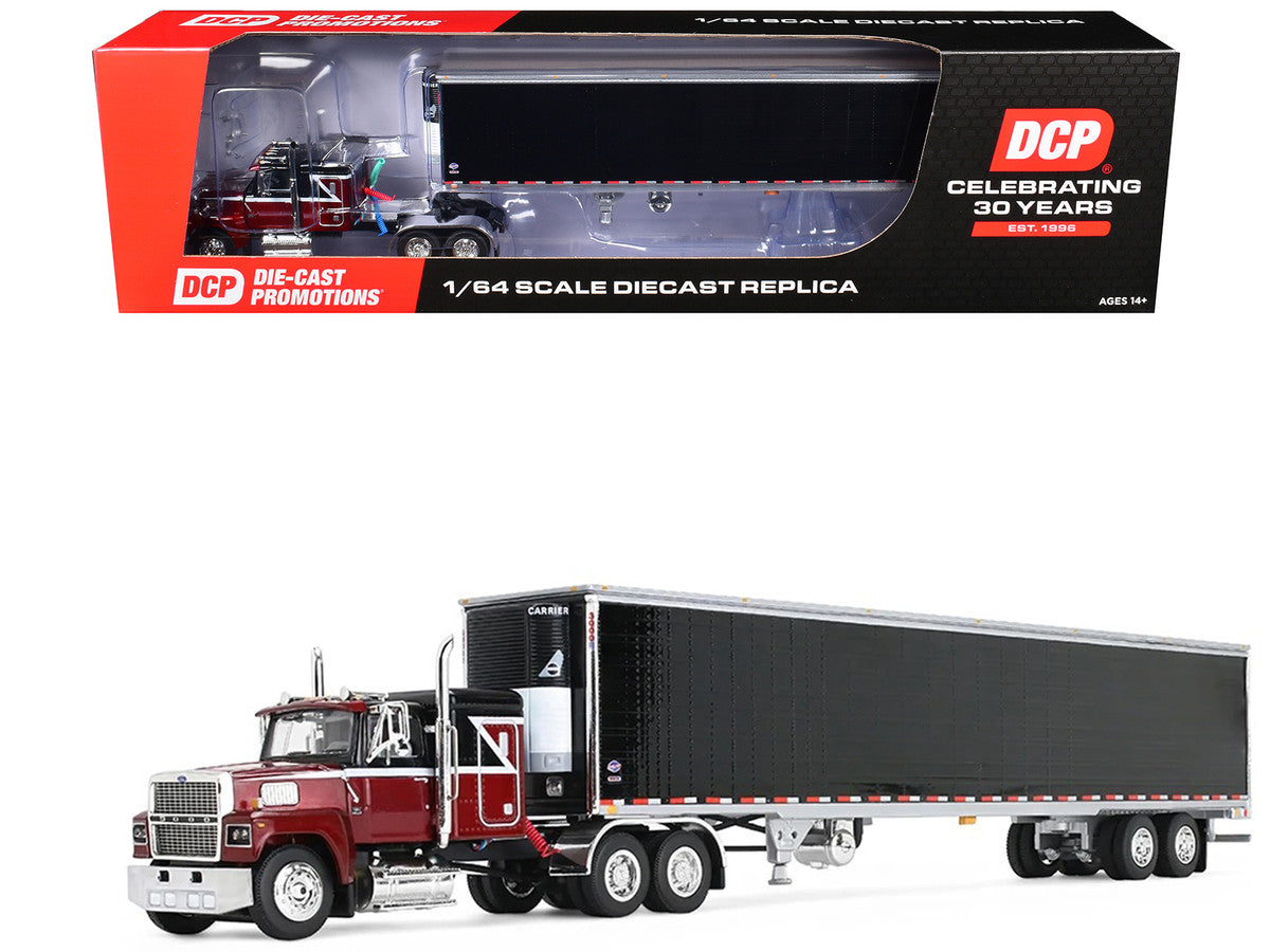 Ford LTL 9000 with 48" Flat Top Sleeper and 53' Utility Trailer with Reefer Volcano Red and Black 1/64 Diecast Model by First Gear-0