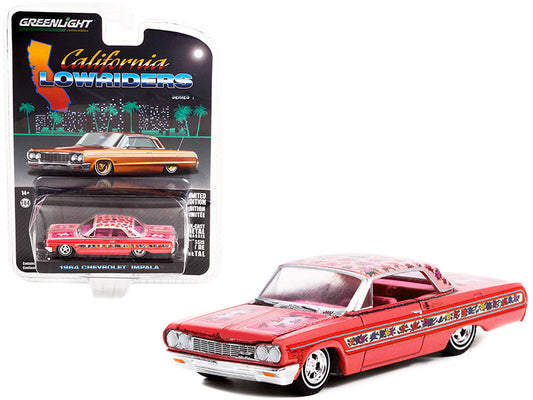 1964 Chevrolet Impala Lowrider Pink Metallic with Rose Graphics and Pink Interior "California Lowriders" Release 1 1/64 Diecast Model Car by Greenlight by Greenlight
