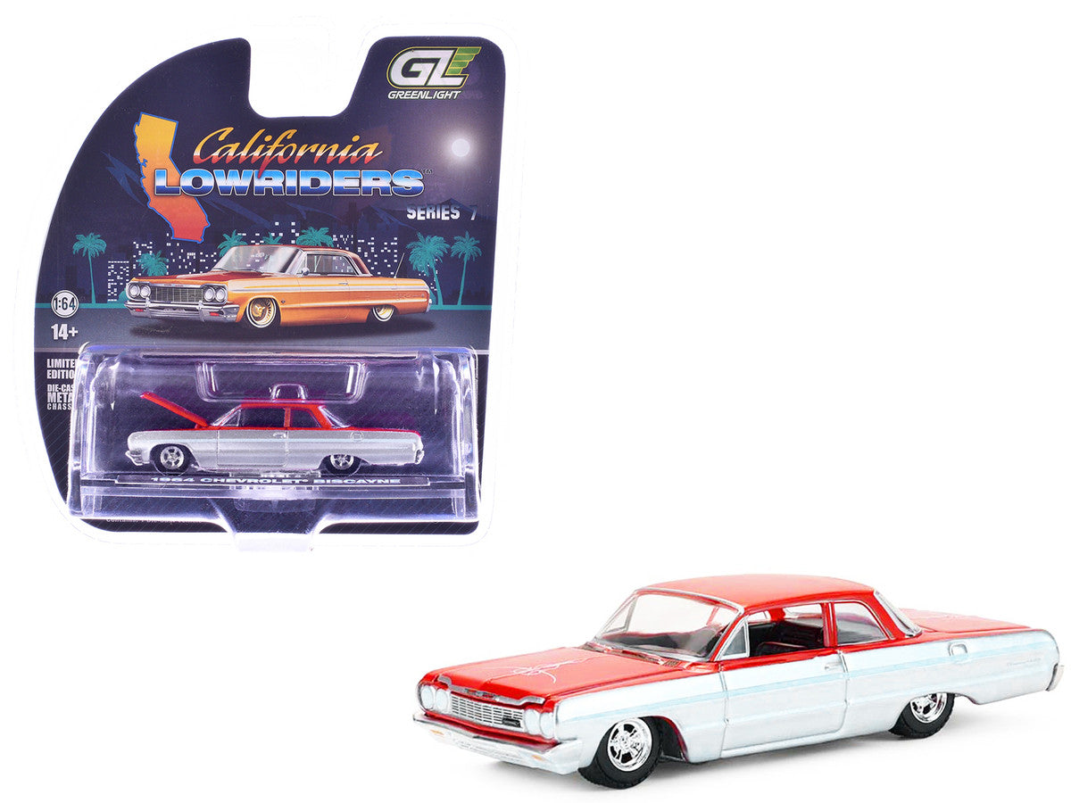 1964 Chevrolet Biscayne Lowrider Silver Metallic and Red Two-Tone "California Lowriders" Series 7 1/64 Diecast Model Car by Greenlight by Greenlight