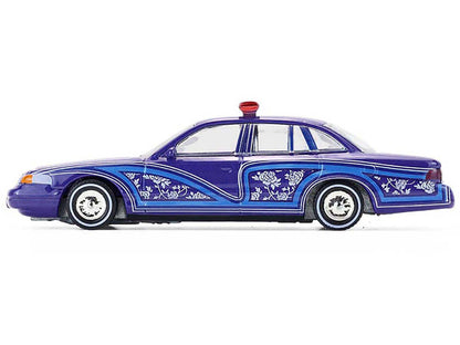1992 Ford Crown Victoria Lowrider Blue with Graphics and Lightbar "California Lowriders" Series 7 1/64 Diecast Model Car by Greenlight by Greenlight