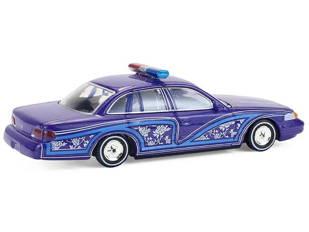 1992 Ford Crown Victoria Lowrider Blue with Graphics and Lightbar "California Lowriders" Series 7 1/64 Diecast Model Car by Greenlight by Greenlight