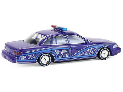 1992 Ford Crown Victoria Lowrider Blue with Graphics and Lightbar "California Lowriders" Series 7 1/64 Diecast Model Car by Greenlight by Greenlight