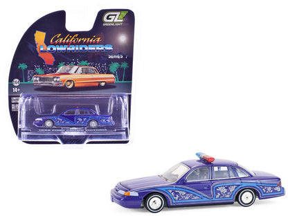 1992 Ford Crown Victoria Lowrider Blue with Graphics and Lightbar "California Lowriders" Series 7 1/64 Diecast Model Car by Greenlight by Greenlight