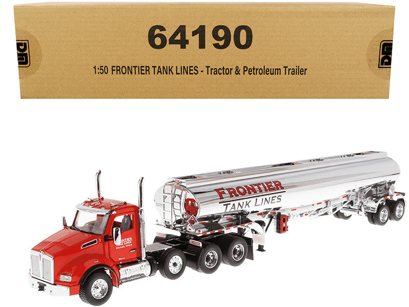 Kenworth T880 SBFA Tandem Day Cab Truck with Pusher Axle and Heil FD9300/DT-C4 Petroleum Tanker Trailer "Frontier Tank Lines" Red and Chrome "Transport Series" Limited Edition to 500 pieces Worldwide 1/50 Diecast Model by Diecast Masters by Diecast Masters