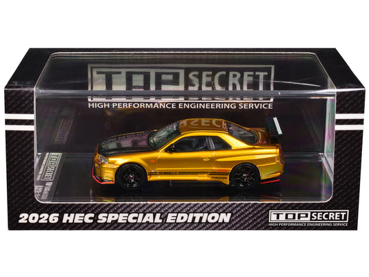 Nissan "Top Secret" Skyline GT-R (BNR34) RHD (Right Hand Drive) Gold Metallic with Carbon Hood "Hobby Expo China 2026" 1/64 Diecast Model Car by BM Creations by BM Creations