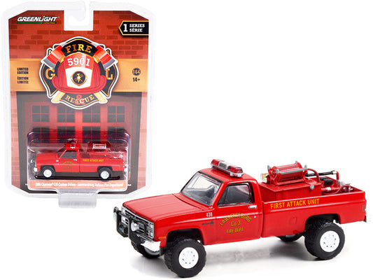 1986 Chevrolet C20 Custom Deluxe Pickup Truck Red First Attack Unit Fire Equipment and Hose and Tank "Lawrenceburg Fire Department" (Indiana) "Fire & Rescue" Series 1 1/64 Diecast Model Car by Greenlight by Greenlight