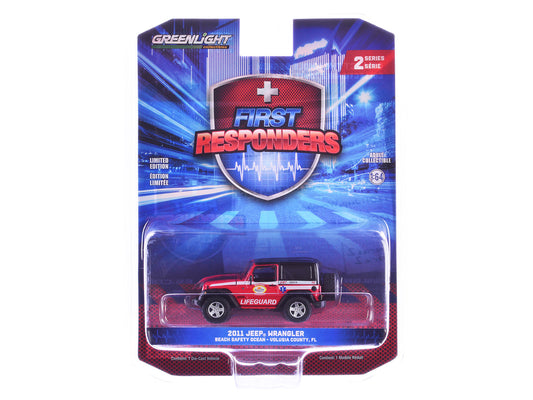 2011 Jeep Wrangler "Volusia County Florida Beach Safety Ocean Rescue Lifeguard/EMT" Red with White Stripes "First Responders" Series 2 1/64 Diecast Model Car by Greenlight by Greenlight