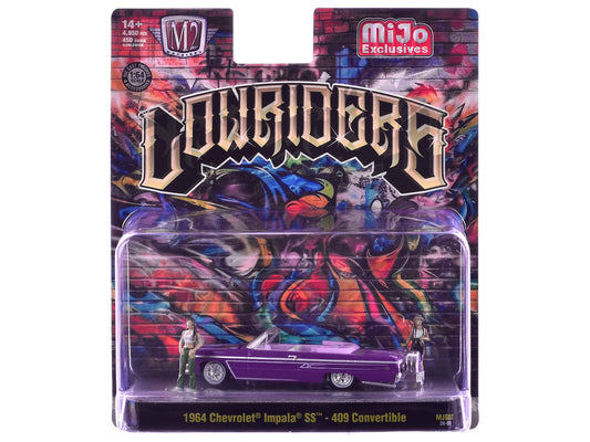 1964 Chevrolet Impala SS 409 Convertible Purple Metallic with Purple and White Interior with 2 Figures Limited Edition to 4950 pieces Worldwide 1/64 Diecast Models by M2 Machines by M2
